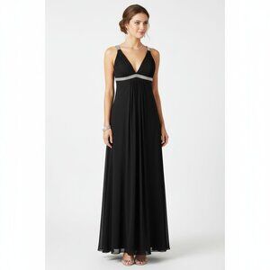 La Femme Black Embellished Empire Waist Sleeveless Halter Maxi Long Formal Dress
